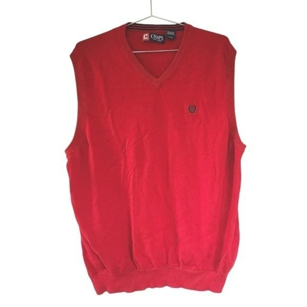 Chaps Sweater Vest Men L Red V-Neck Cotton Preppy Classic Layering